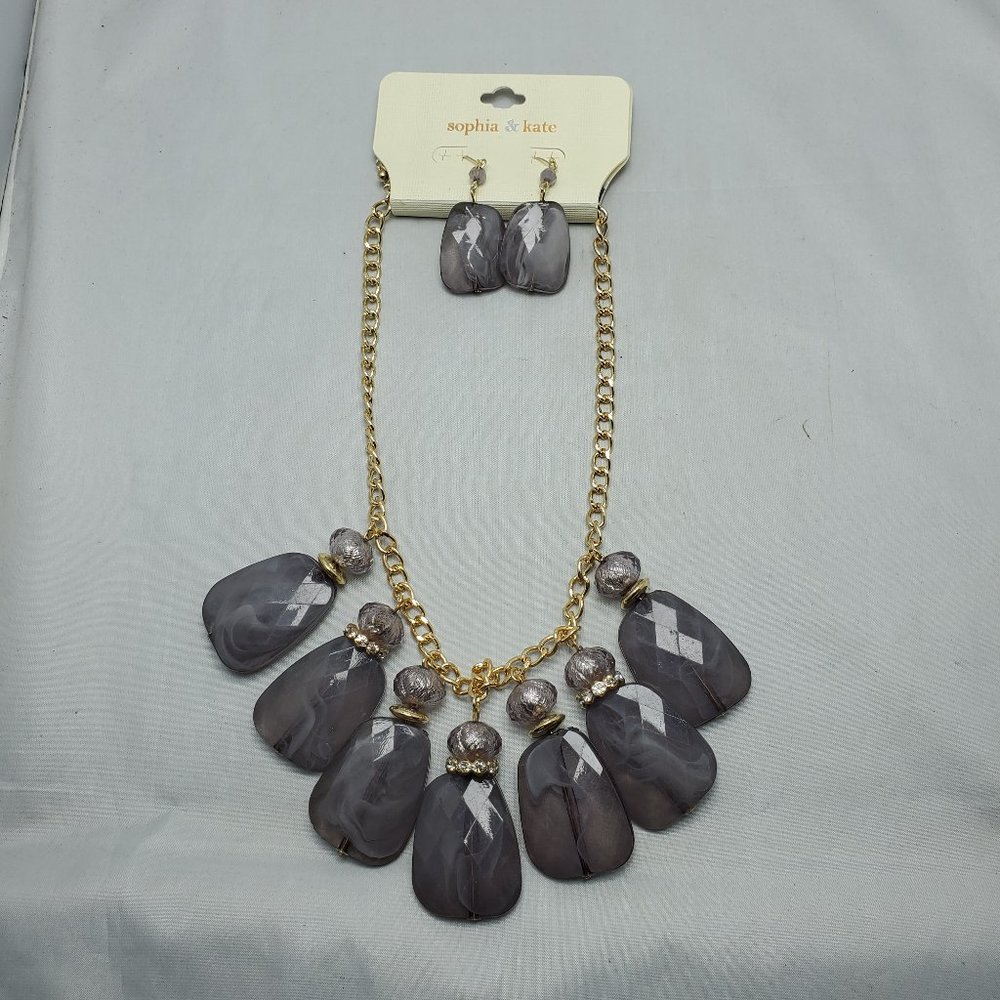 SOPHIA & KATE GOLD/GREY MARBELIZED STONE NECKLACE SET